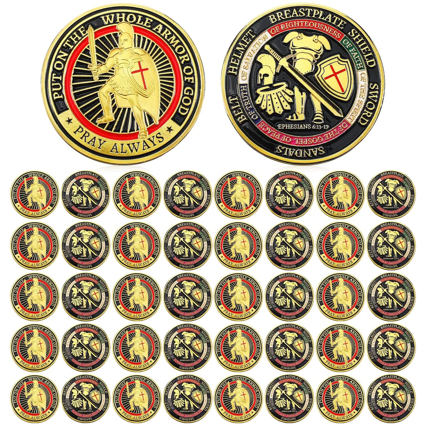 Nosiny 40 Pcs Armor of God Coins Challenge Coins Bulk Put on The Whole Metal Commemorative Coin Antique Gold Prayer Coin for Christian Church Party Prayers(Retro)
