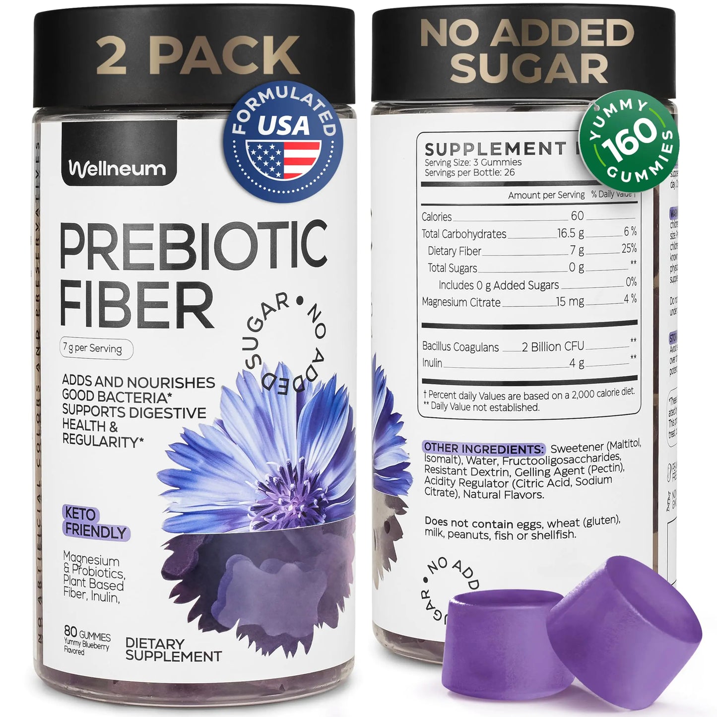 High Prebiotic Fiber Gummies for Women and Men 7G per Serving - Dietary Beet FOS Fiber Magnesium Citrate Inulin Probiotic - Gummy Supplement for Digestive Health - No GMO Sugar Free - 160 pcs
