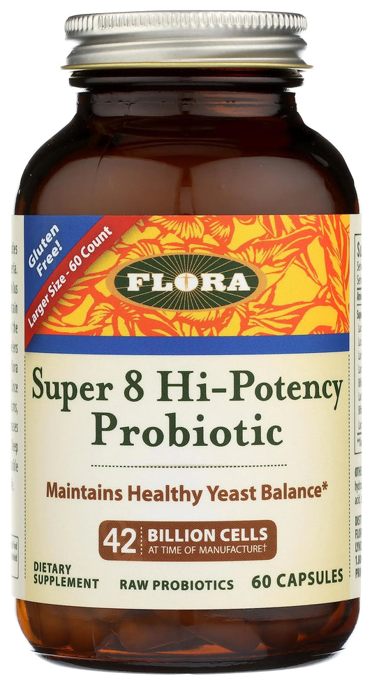 Flora - Super 8 Hi Potency Probiotics 60 Count - Healthy Yeast Balance & Digestive Health - For Men & Women - 42 Billion CFU Raw Gluten Free - Up to 2 Month Supply