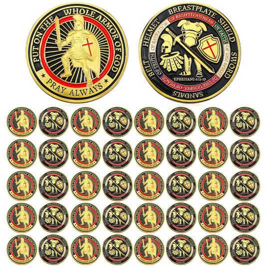 Nosiny 40 Pcs Armor of God Coins Challenge Coins Bulk Put on The Whole Metal Commemorative Coin Antique Gold Prayer Coin for Christian Church Party Prayers(Retro)